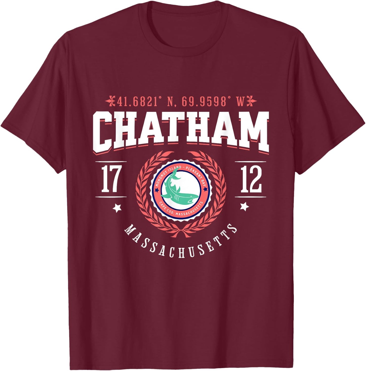 Chatham MA Cape Cod Souvenir Beach Shark Nautical Design Men Women Girls Kids T-Shirt - T-Shirt | Maroon