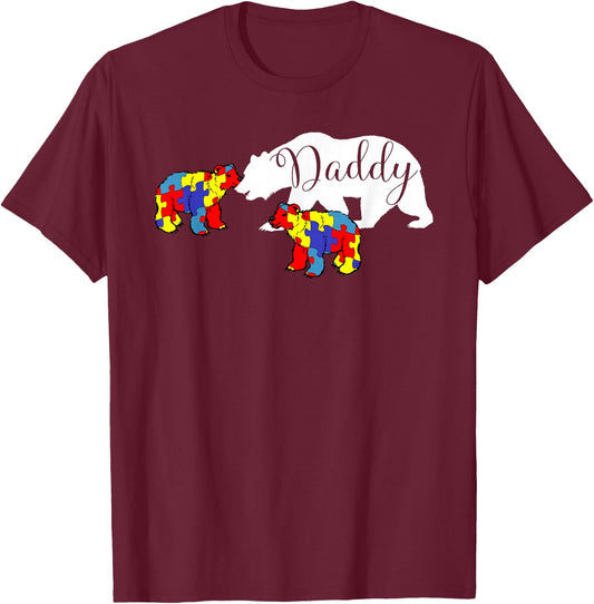 Daddy Bear Autism Awareness 2 Cubs Dad Two Autistic Kids T-Shirt - T-Shirt | Maroon