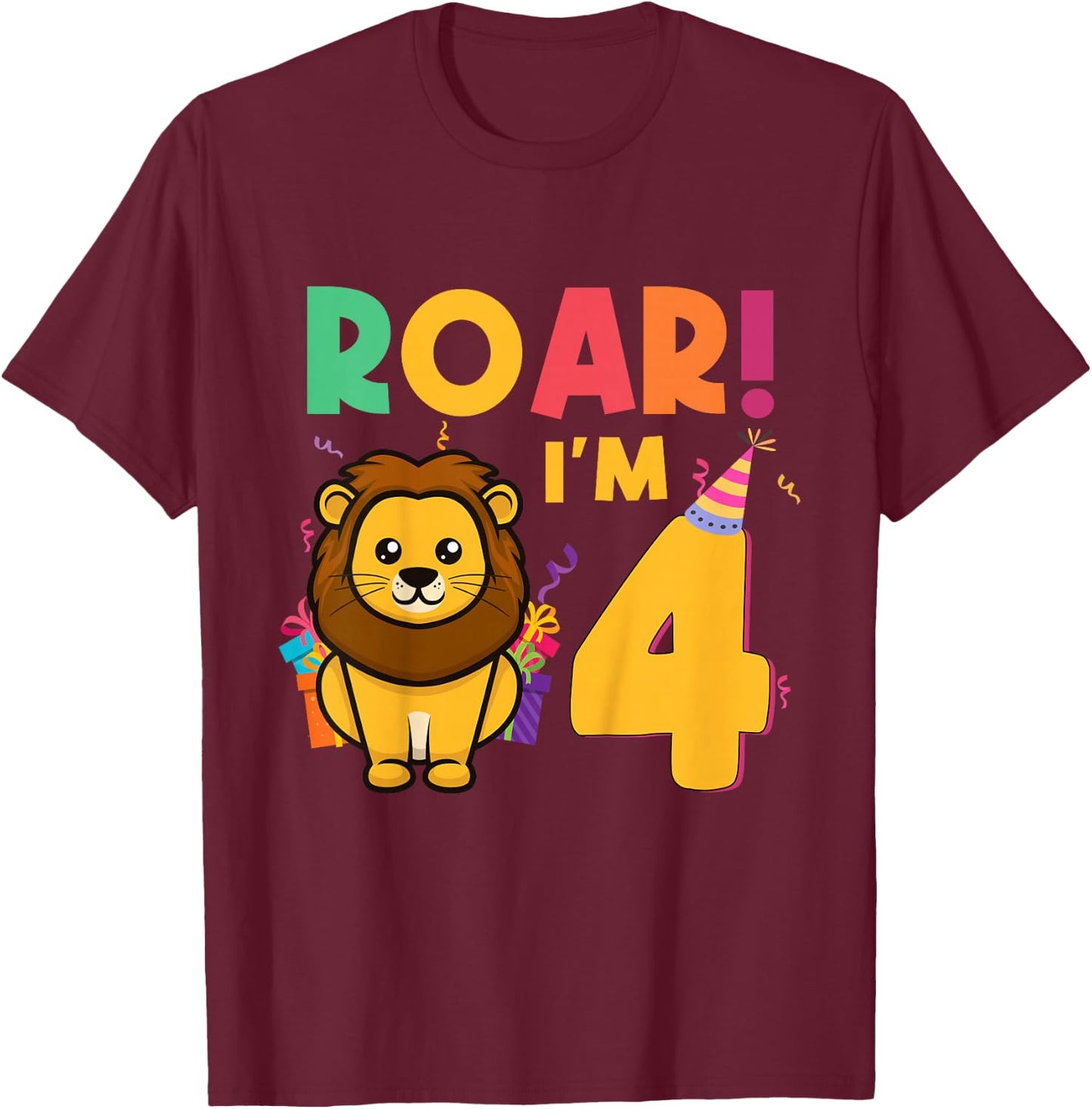 I'm 4 Years Old Lion Roar Funny 4th Birthday Boy Girl Kids T-Shirt - T-Shirt | Maroon