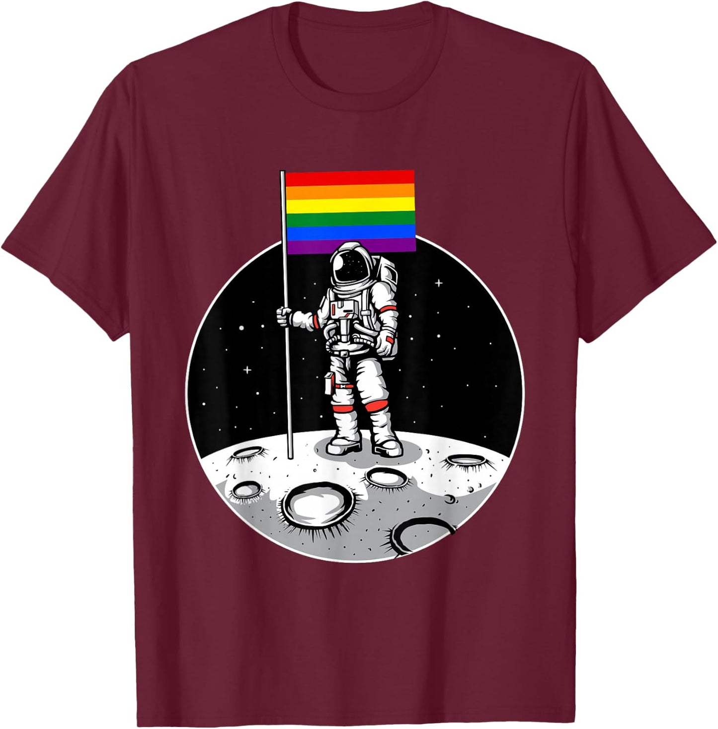 LGBT Gay Pride Rainbow Flag Astronaut Moon Landing T-Shirt - T-Shirt | Maroon