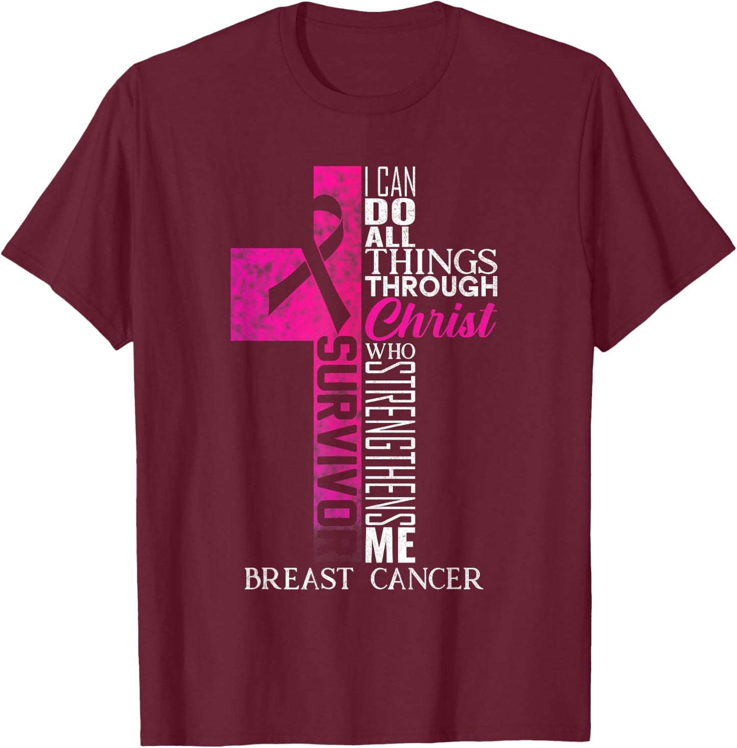 Pink Ribbon Breast Cancer Survivor Christian Cross T-Shirt - T-Shirt | Maroon