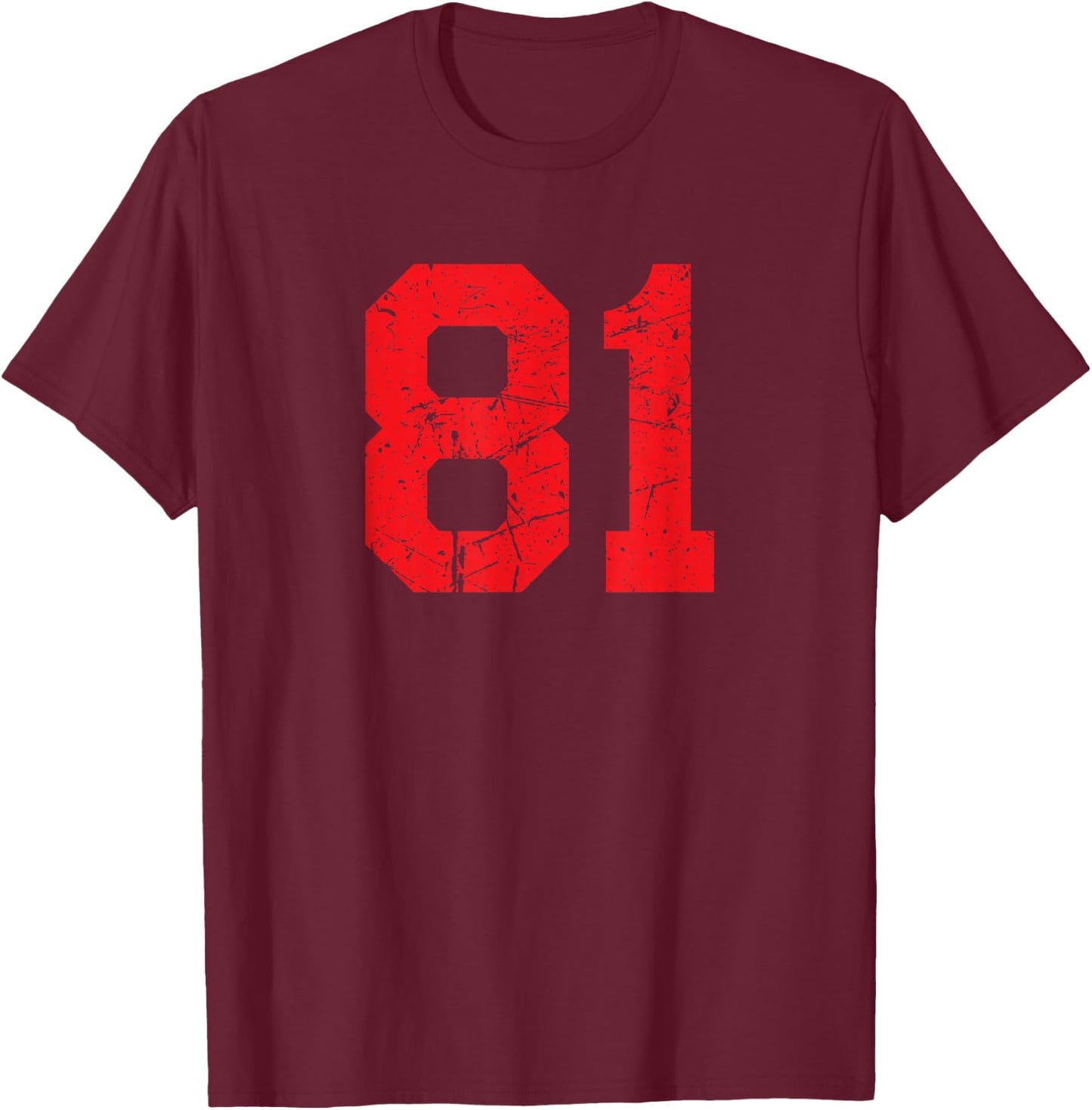 Number #81 Sport Red Distressed Plain Number T-Shirt - T-Shirt | Maroon