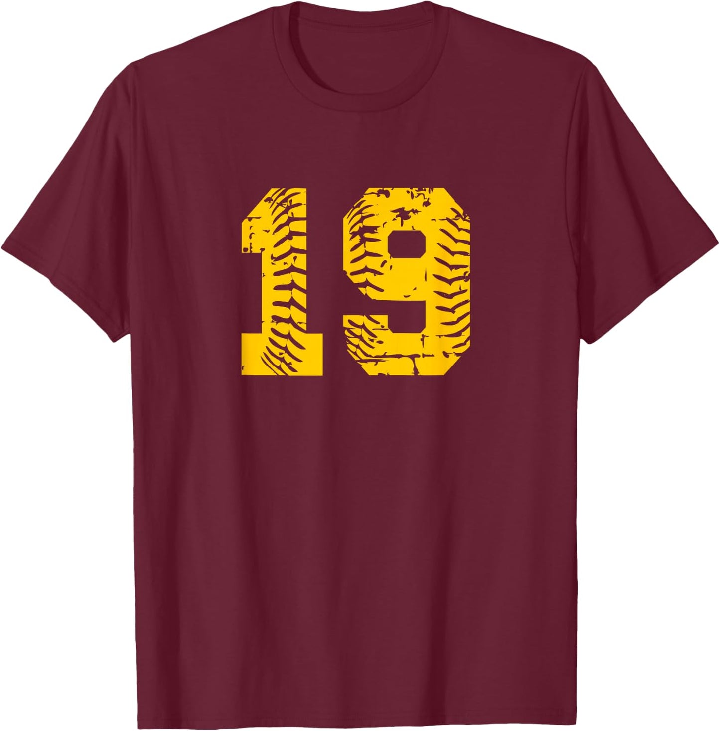 Baseball Softball Number #19 Yellow Number T-Shirt - T-Shirt | Maroon