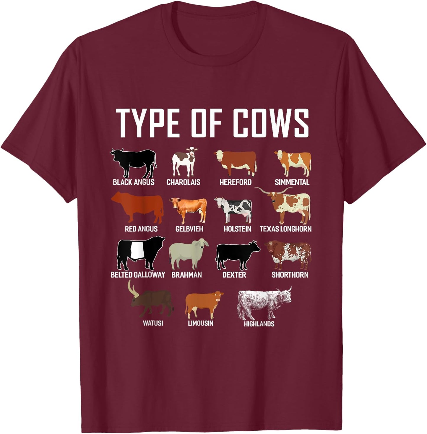 Types of Cows Shirt - Farmer Cow T-Shirt - T-Shirt | Maroon