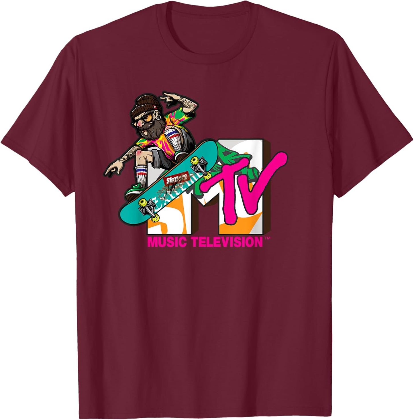 Mademark x MTV - The official MTV Logo with a hipster skater on his board T-Shirt - T-Shirt | Maroon