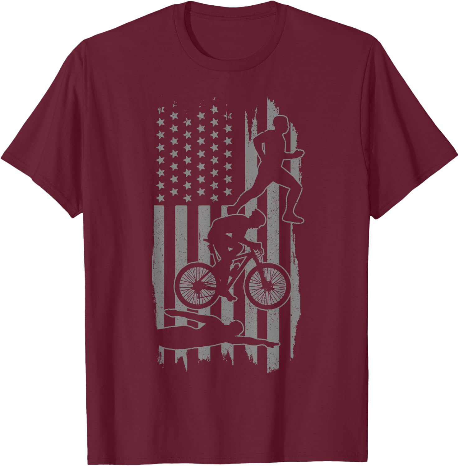 Triathlon US Flag Swim Bike Run Sport Patriotic Triathlete T-Shirt - T-Shirt | Maroon