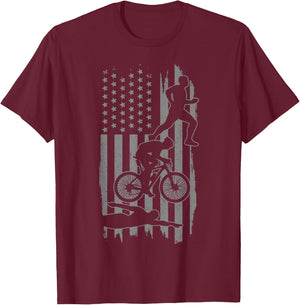 Triathlon US Flag Swim Bike Run Sport Patriotic Triathlete T-Shirt - T-Shirt | Maroon