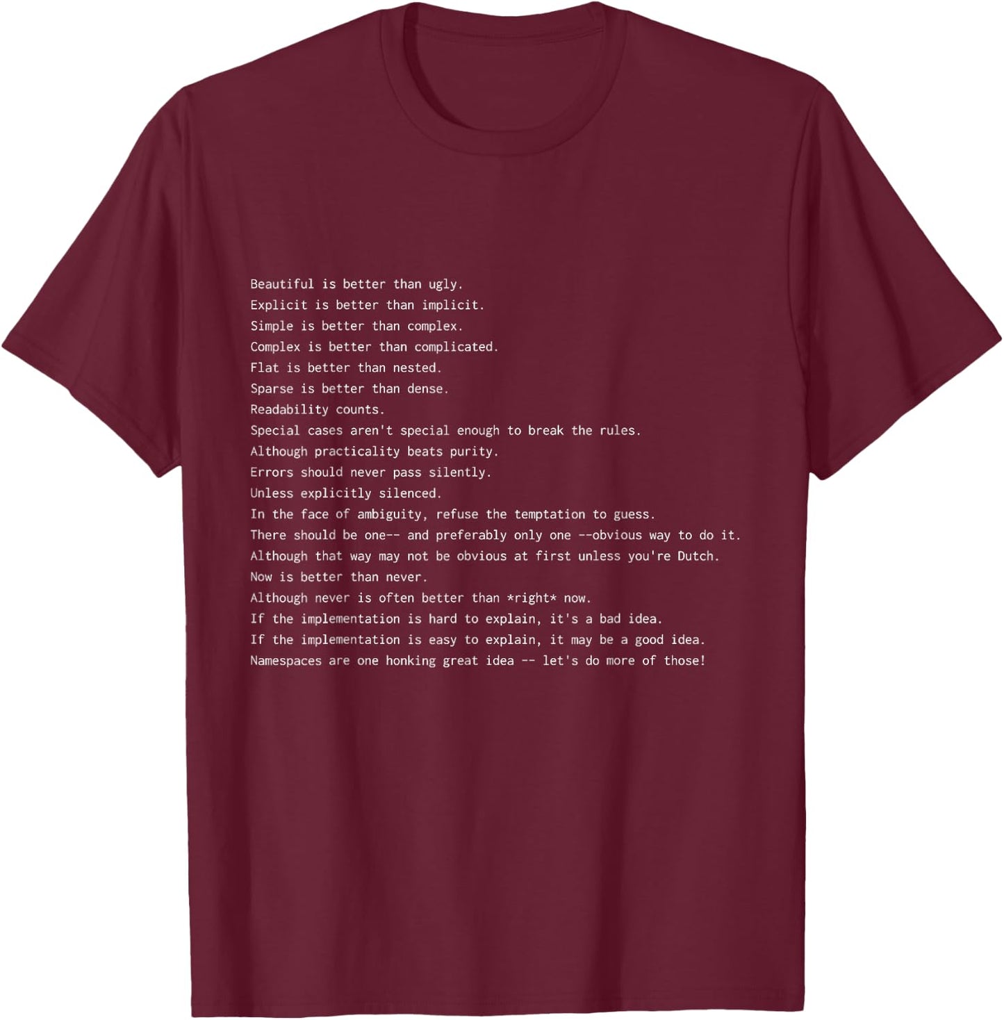 Funny Python Programmer Zen of Python Programming Gift T-Shirt - T-Shirt | Maroon