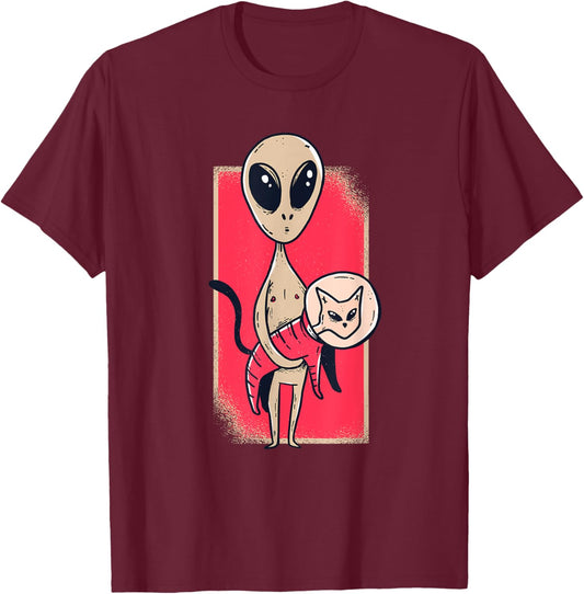 Cute Alien Holding A Pet Cat Graphic Women T-Shirt - T-Shirt | Maroon