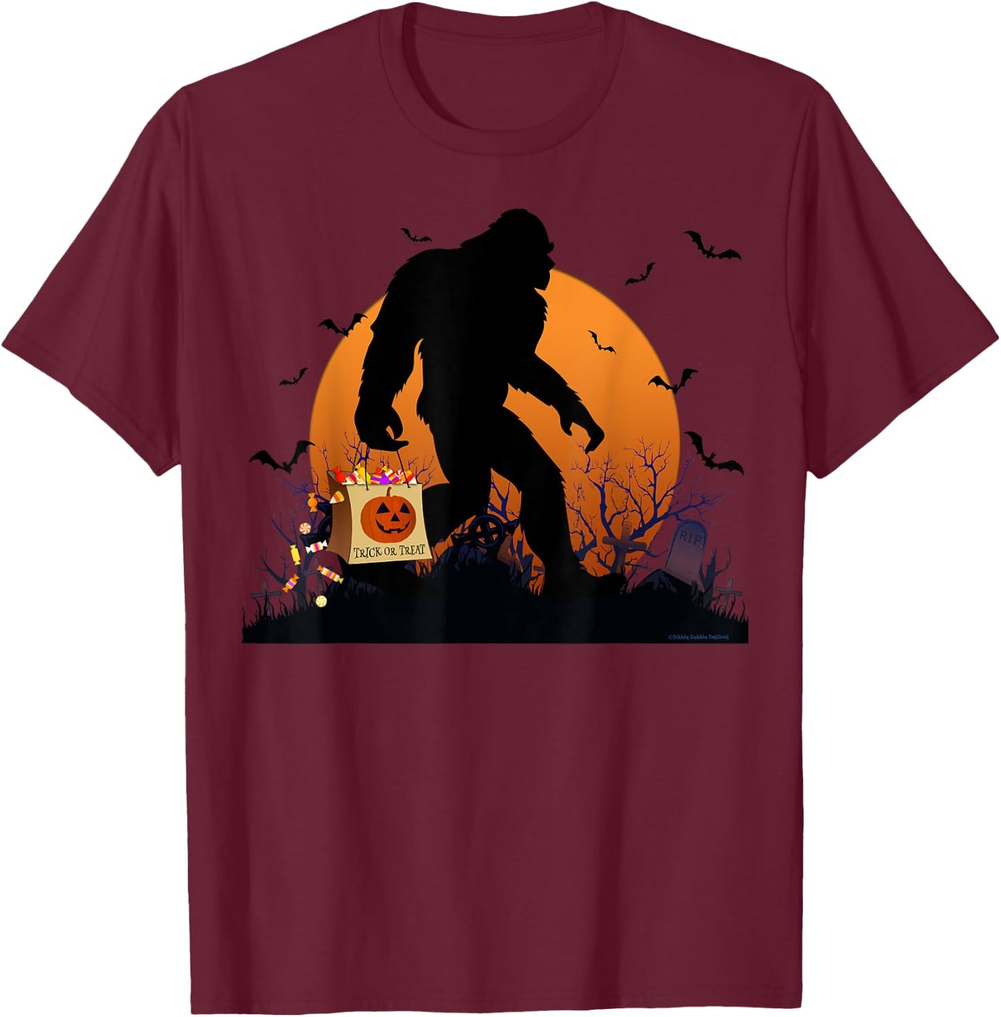 Funny Halloween Bigfoot Trick or Treating Full Moon Bigfoot T-Shirt - T-Shirt | Maroon