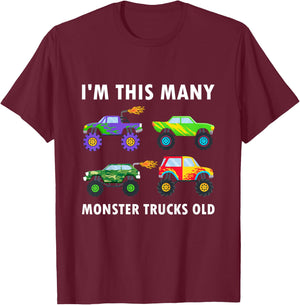 Kids 4 Years Old Boy Monster Trucks Old 4th Birthday Kids T-Shirt - T-Shirt | Maroon