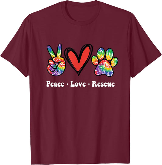 Peace Love and Rescue peace sign heart paw print cat and dog T-Shirt - T-Shirt | Maroon