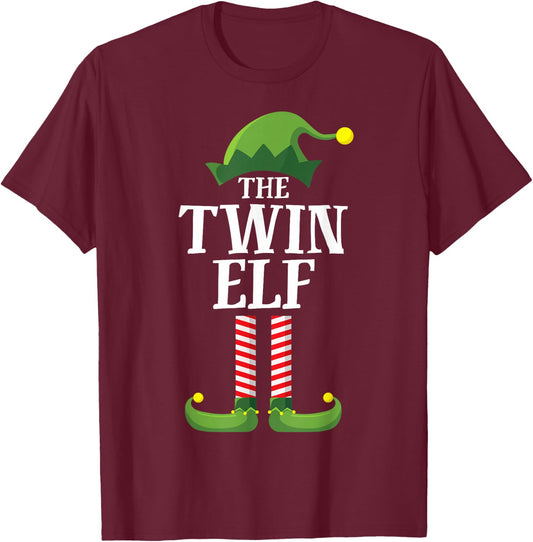 Twin Elf Matching Family Group Funny Christmas Party Pyjamas T-Shirt - T-Shirt | Maroon