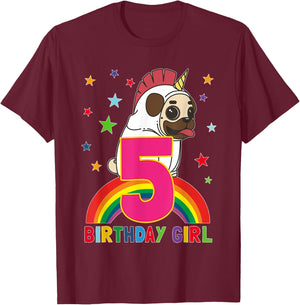 Pug Birthday Shirt 5 Year Old Girls Unicorn Pugicorn Party T-Shirt - T-Shirt | Maroon
