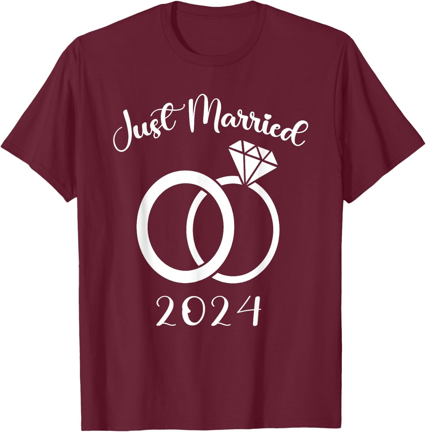 Just Married 2024 Wedding Rings Matching Couple Newlyweds T-Shirt - T-Shirt | Maroon