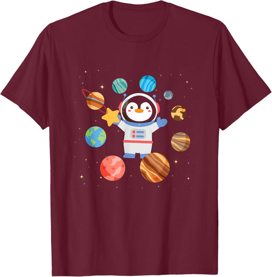 Cute Penguin Astronaut | Galaxy | Space Penguins T-Shirt - T-Shirt | Maroon