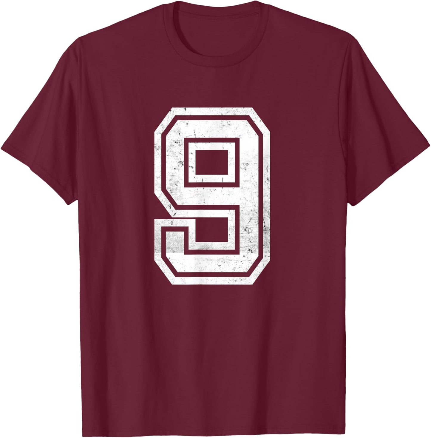 Number #9 Sports White Distressed Number T-Shirt - T-Shirt | Maroon