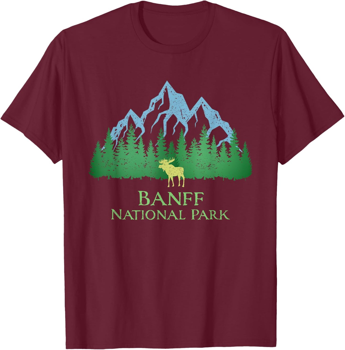 Banff National Park Alberta Canada Moose Trees Vintage Look T-Shirt - T-Shirt | Maroon