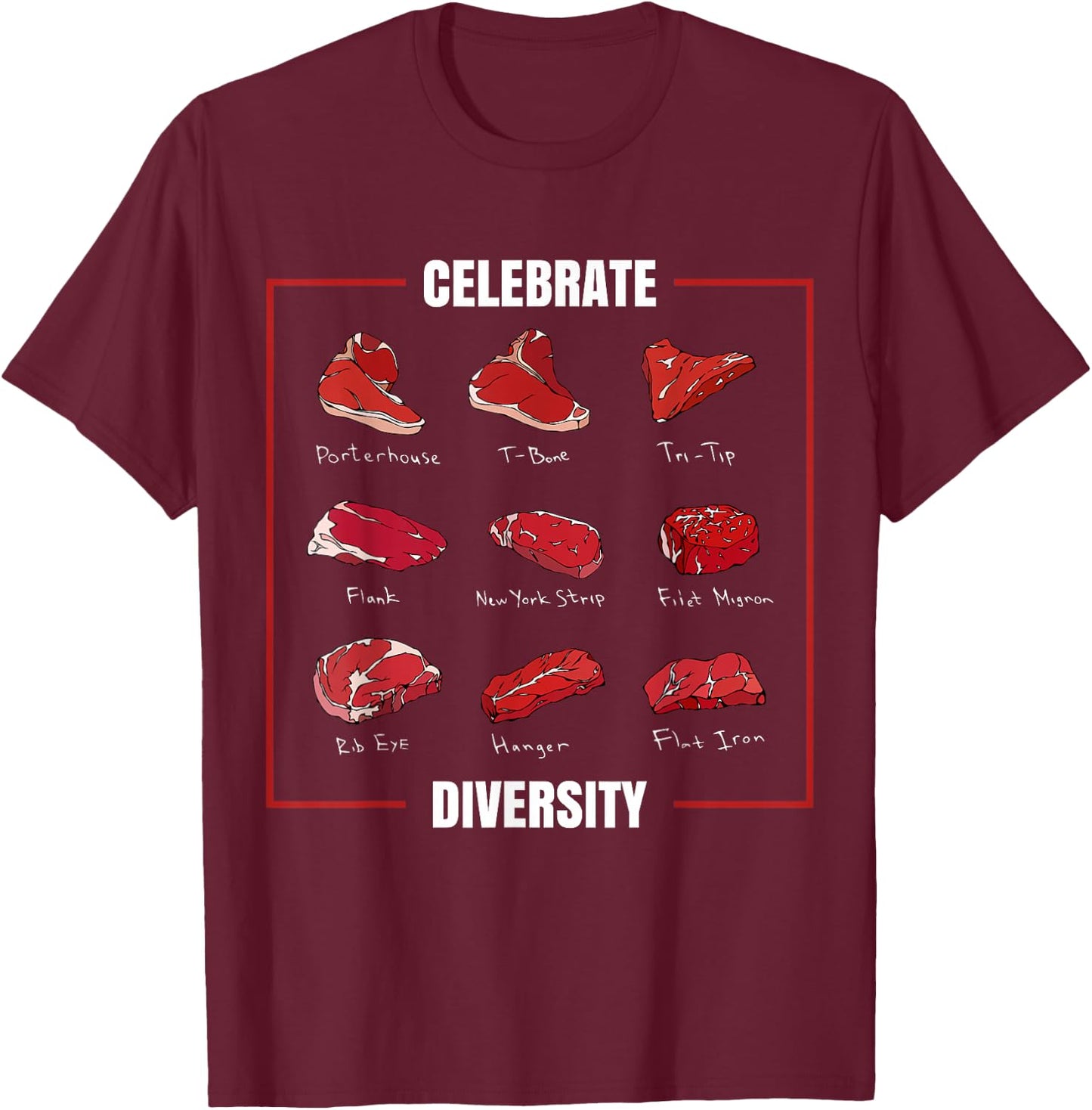 Celebrate Diversity Funny Steak Cuts Grill BBQ Meat Lover T-Shirt - T-Shirt | Maroon