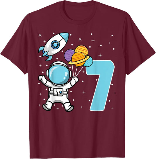 7th Birthday Party Astronaut Space Astronomy 7 Years Old T-Shirt - T-Shirt | Maroon