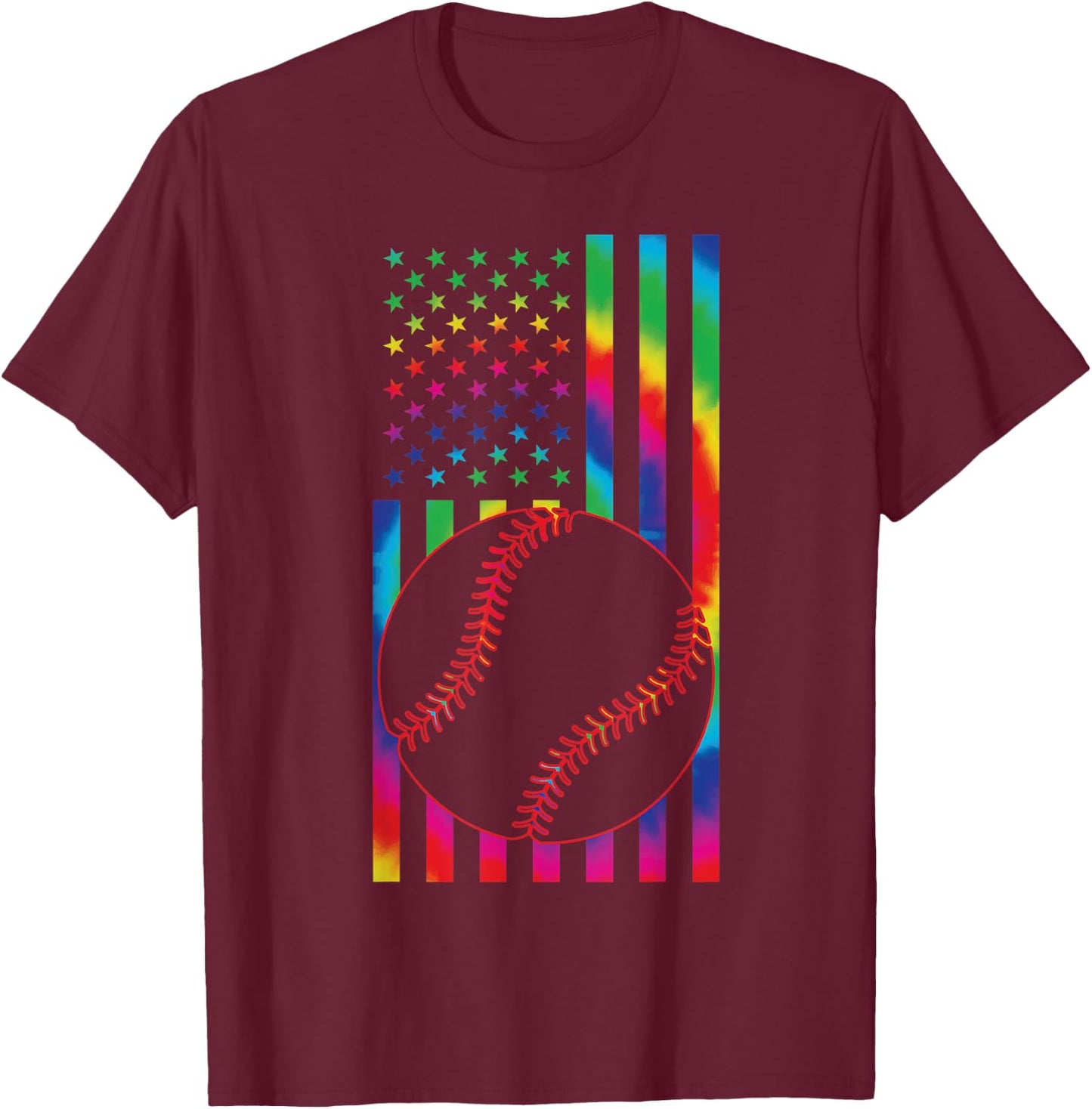 ball of Baseball Tie dye American Flag baseball sport T-Shirt - T-Shirt | Maroon