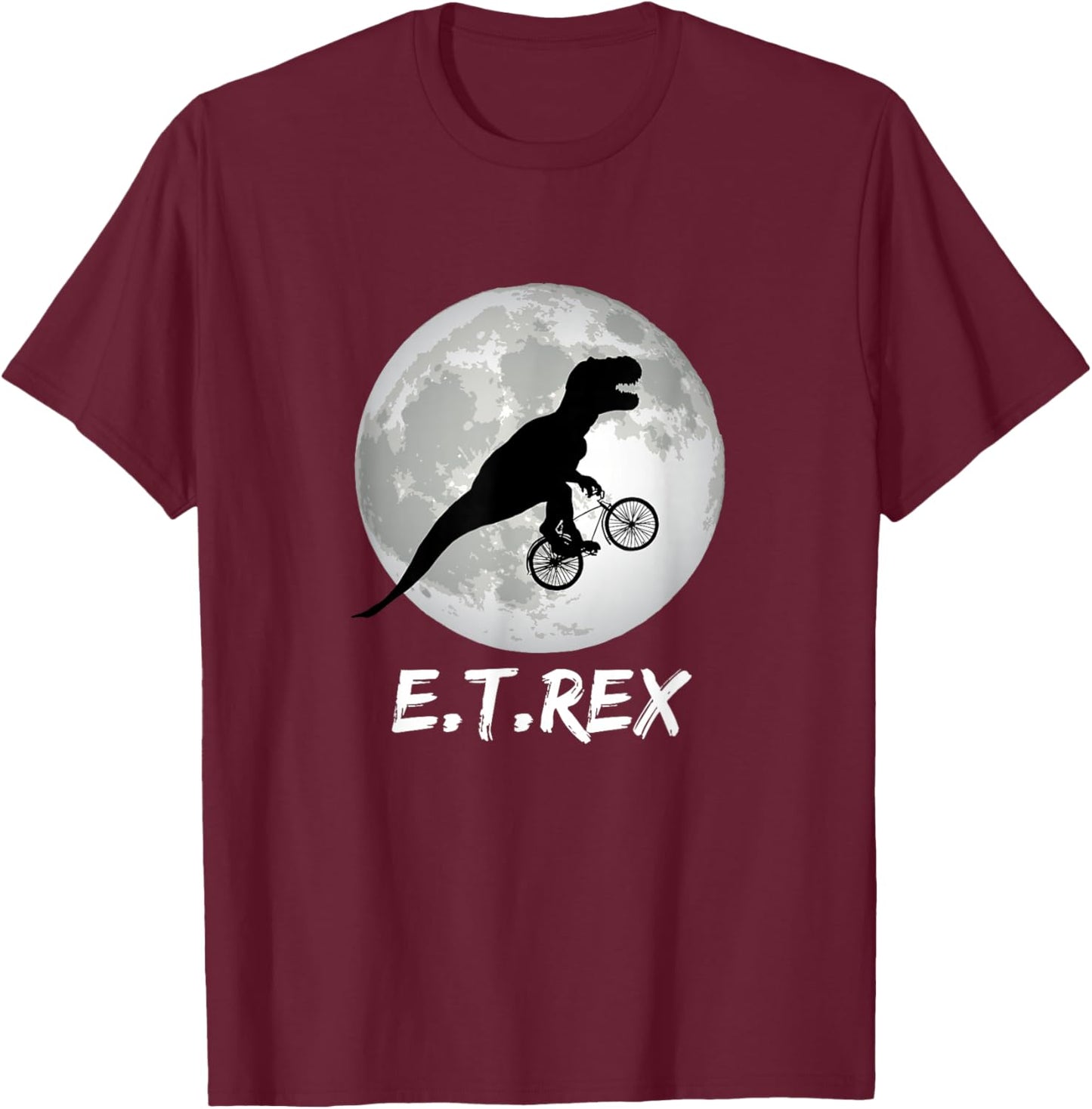 E.T. Rex Funny Dinosaur Shirt T-Rex on Bike Over The Moon T-Shirt - T-Shirt | Maroon