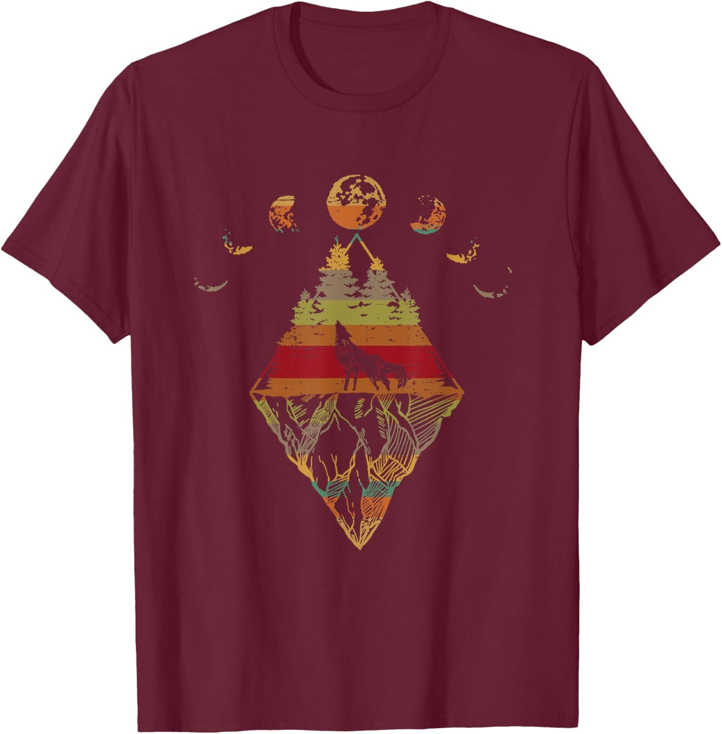 Howling Wolf Phases Of The Moon Retro T-Shirt - T-Shirt | Maroon