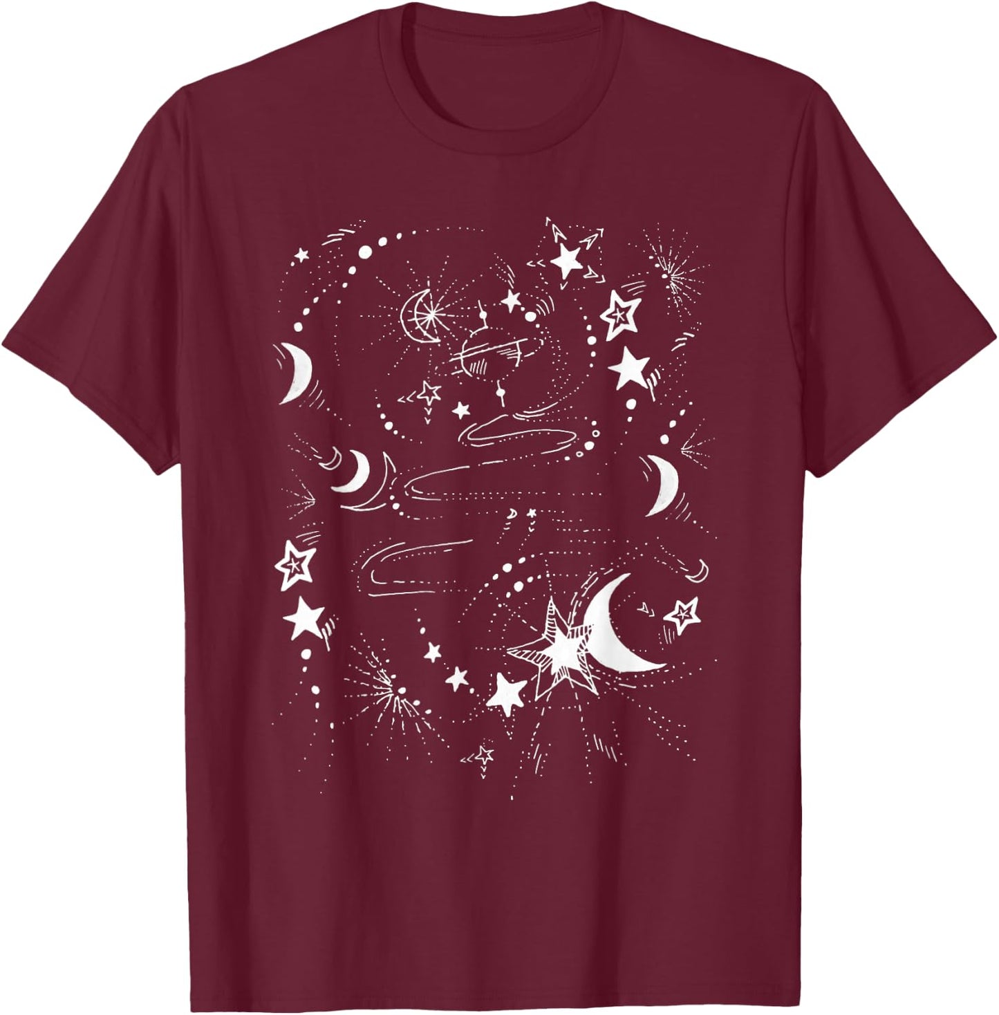 Starry Universe Illustration Moon Stars Celestial Night Sky T-Shirt - T-Shirt | Maroon