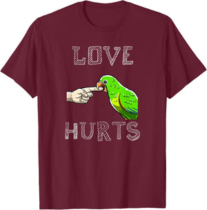 BoredKoalas Bird Parrot Love Hurts Parrot Biting Finger Funny Pet Bird Lover Gift T-Shirt - T-Shirt | Maroon