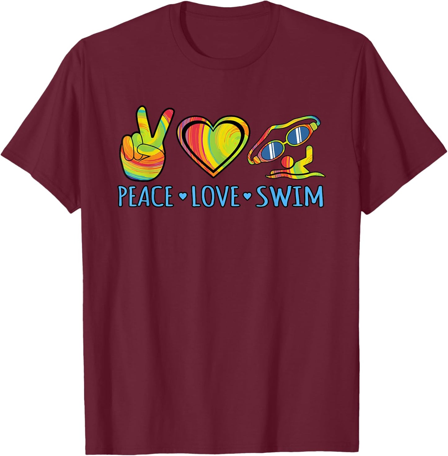 Peace Love Swim Fun Swimmer Swimming Coach Men Women Graphic T-Shirt - T-Shirt | Maroon