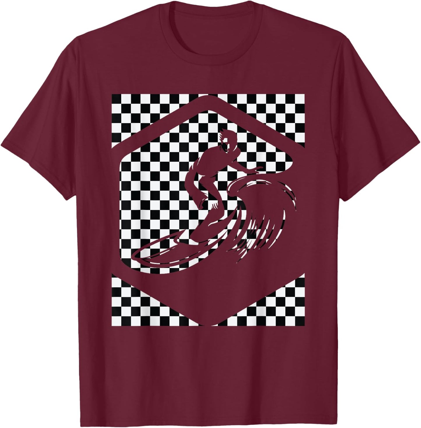 Checkered Surfer Black And White Checker For Surf and Skate T-Shirt - T-Shirt | Maroon