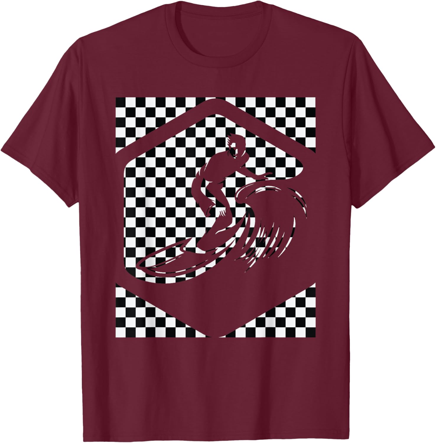 Checkered Surfer Black And White Checker For Surf and Skate T-Shirt - T-Shirt | Maroon