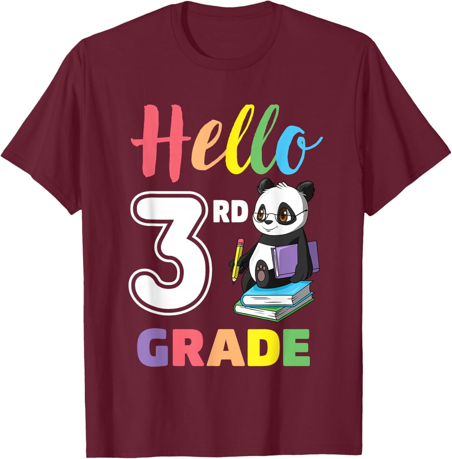 First Day of School Panda Hello 3rd Third Grade Kids T-Shirt - T-Shirt | Maroon