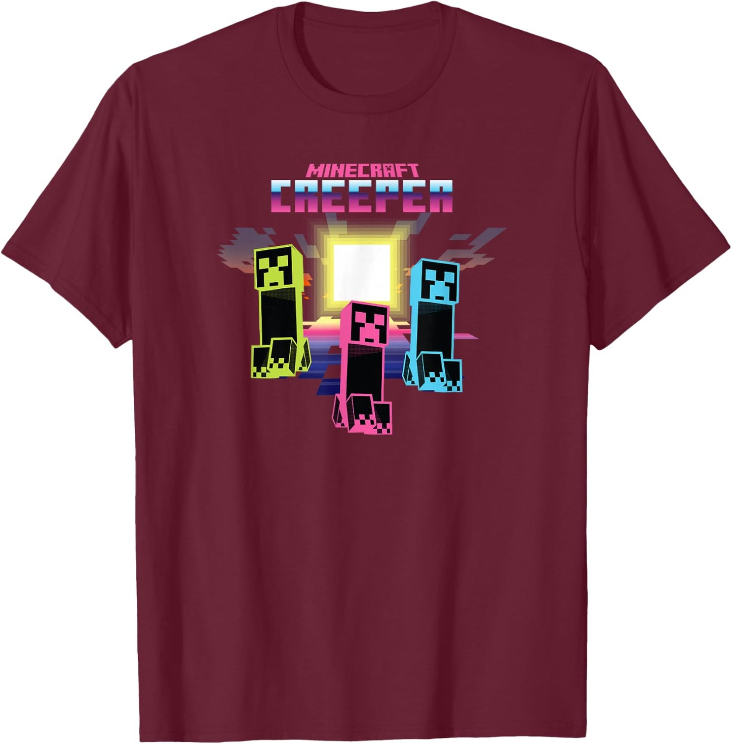 Minecraft Creeper Bright Neon Poster T-Shirt - T-Shirt | Maroon