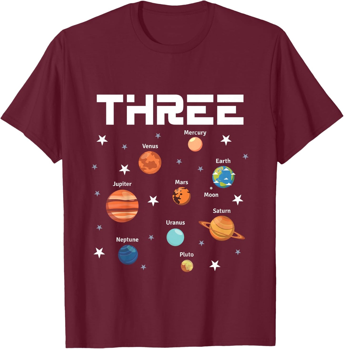 3 Year Old Outer Space Birthday Party Solar Planets 3rd Gift T-Shirt - T-Shirt | Maroon