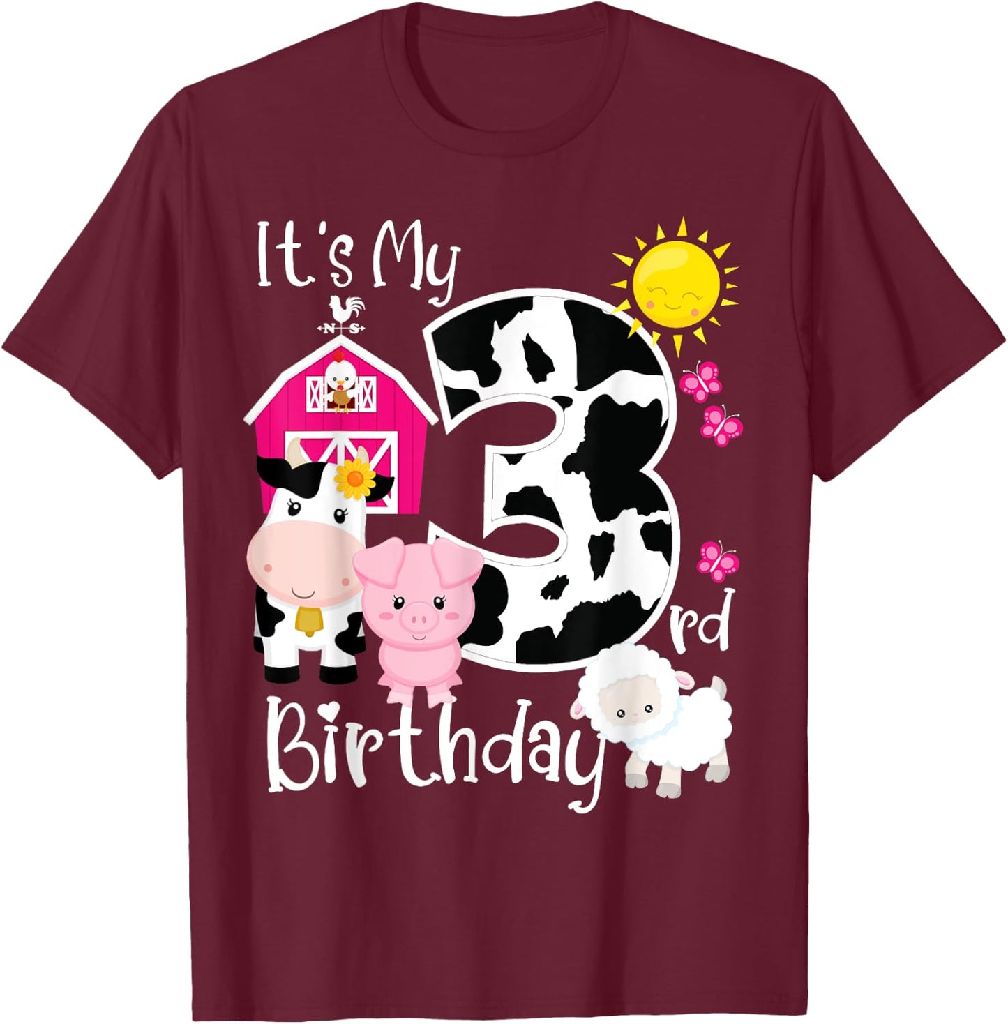 Farm Animals 3 Year Old It's My 3rd Birthday Party Bday Girl T-Shirt - T-Shirt | Maroon