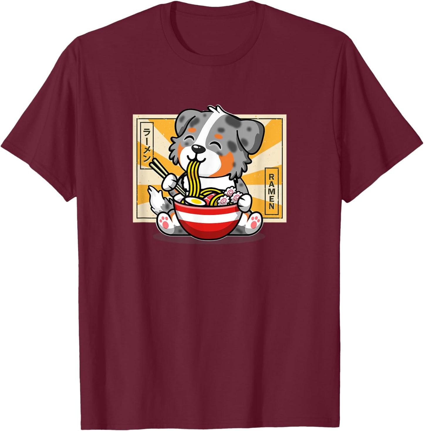 Funny Kawaii Kids Ramen Blue Merle Australian Shepherd Lover T-Shirt - T-Shirt | Maroon