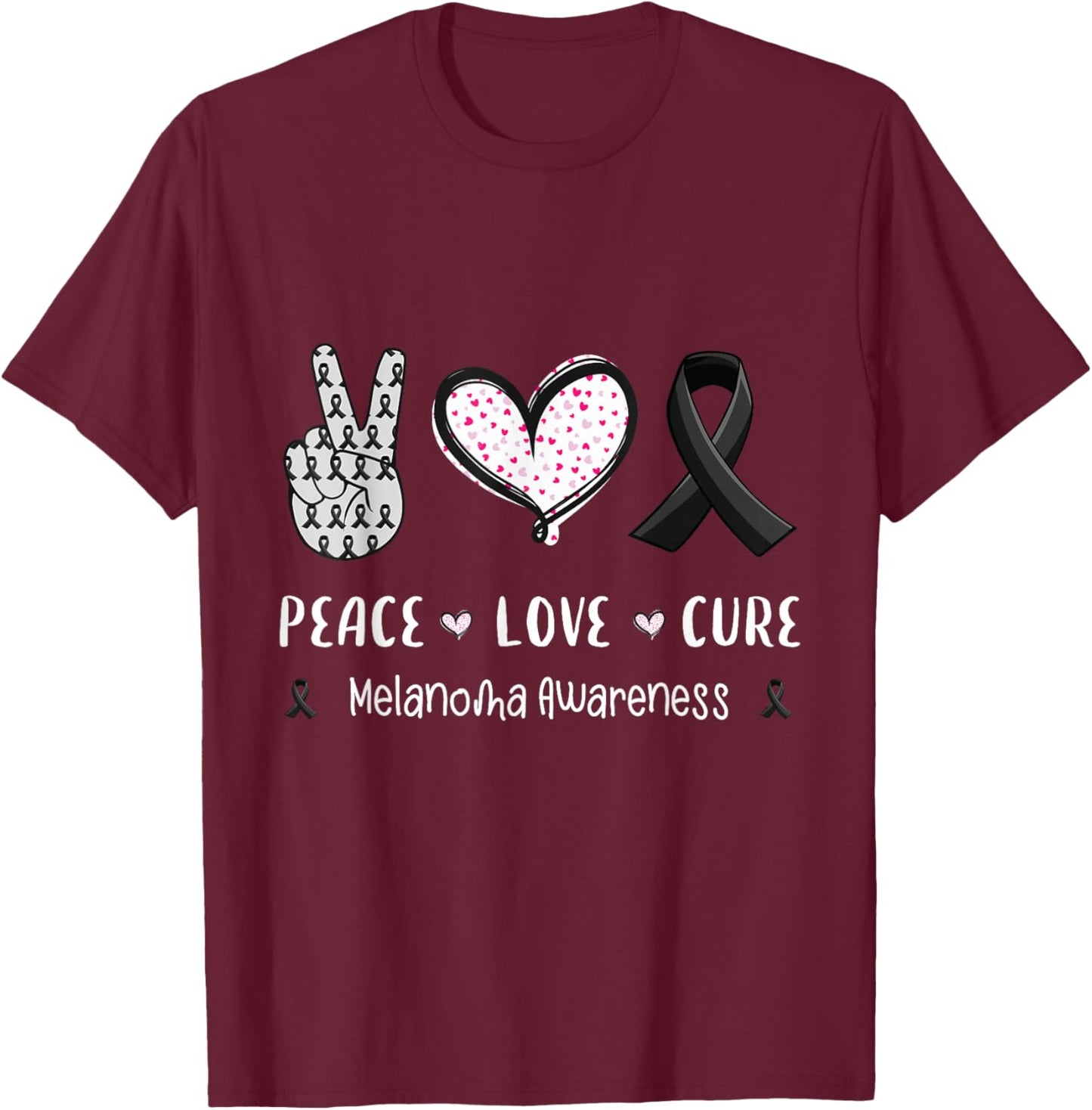 Peace Love cure Melanoma cancer awareness men women kids T-Shirt - T-Shirt | Maroon