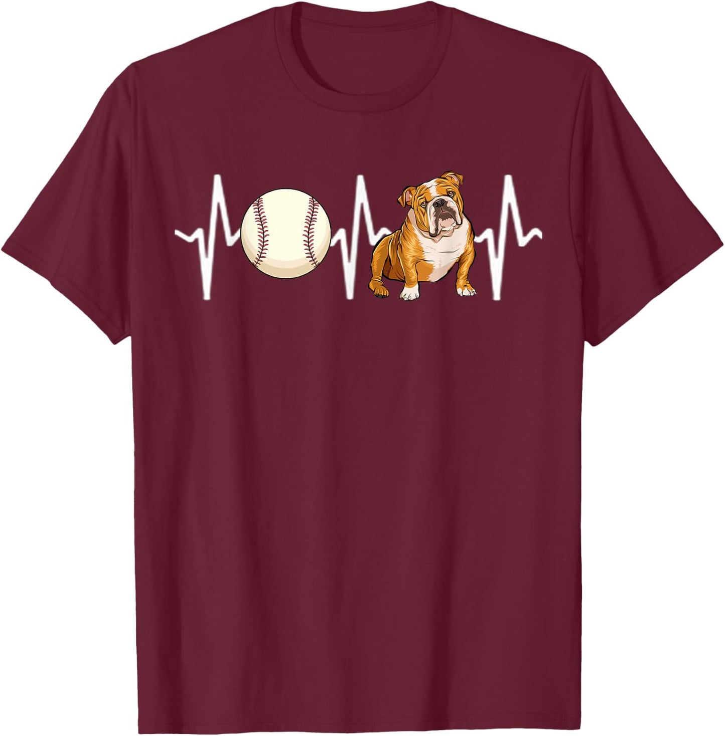 Baseball Bulldog Heartbeat Dog Lover T-Shirt - T-Shirt | Maroon