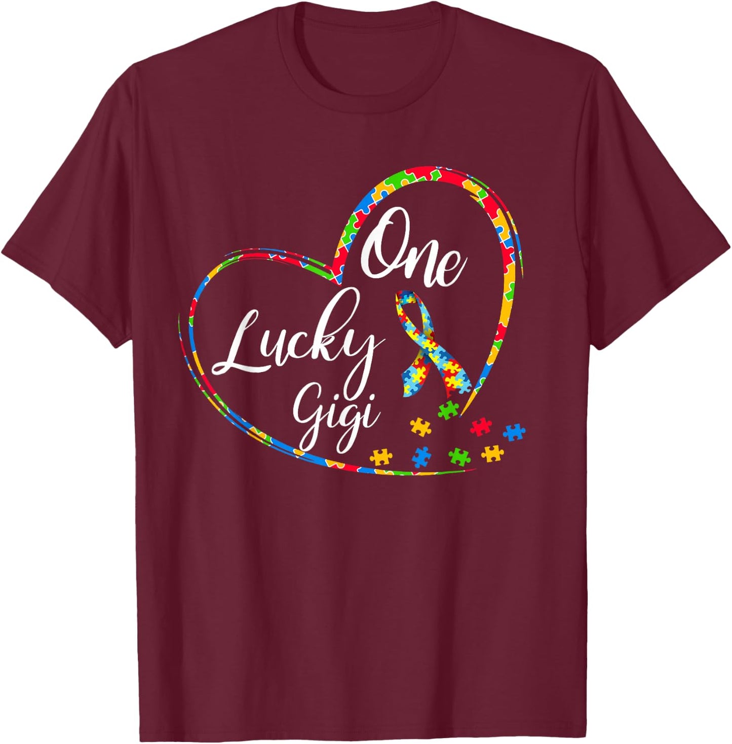 One Lucky Gigi Autism Awareness Gift Puzzle Piece heart T-Shirt - T-Shirt | Maroon