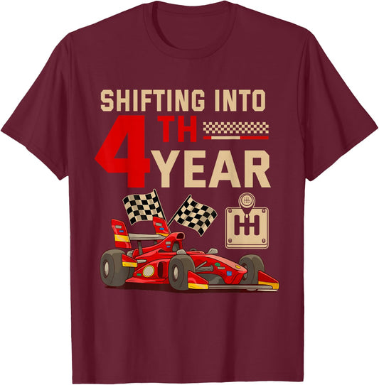 Shifting Into 4 Year Boy Birthday Racing Car Theme Party T-Shirt - T-Shirt | Maroon