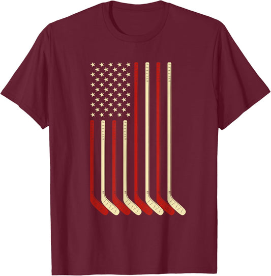 Hockey Goalie Gift USA Flag Hockey Stick Ice Hockey T-Shirt - T-Shirt | Maroon