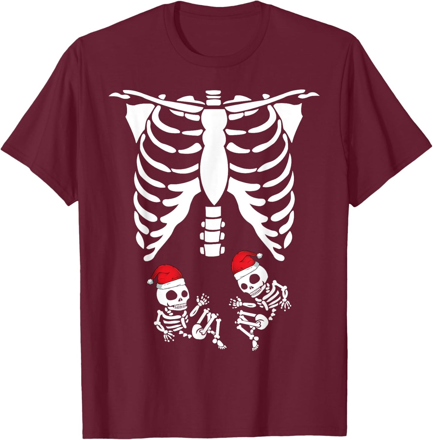 Skeleton Pregnancy Gift Twins Baby Pregnant Christmas X-Ray T-Shirt - T-Shirt | Maroon