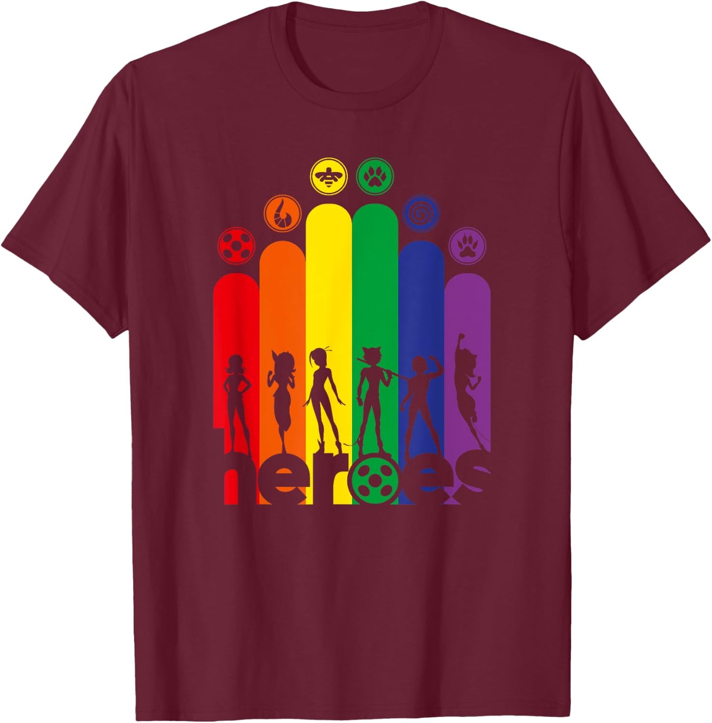 Miraculous Ladybug Rainbow Collection All Heroez T-Shirt - T-Shirt | Maroon
