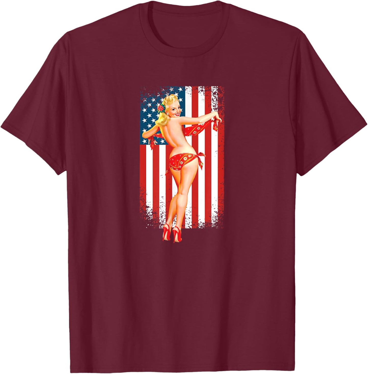 Patriotic Vintage Sexy Pinup Girl T-Shirt - T-Shirt | Maroon