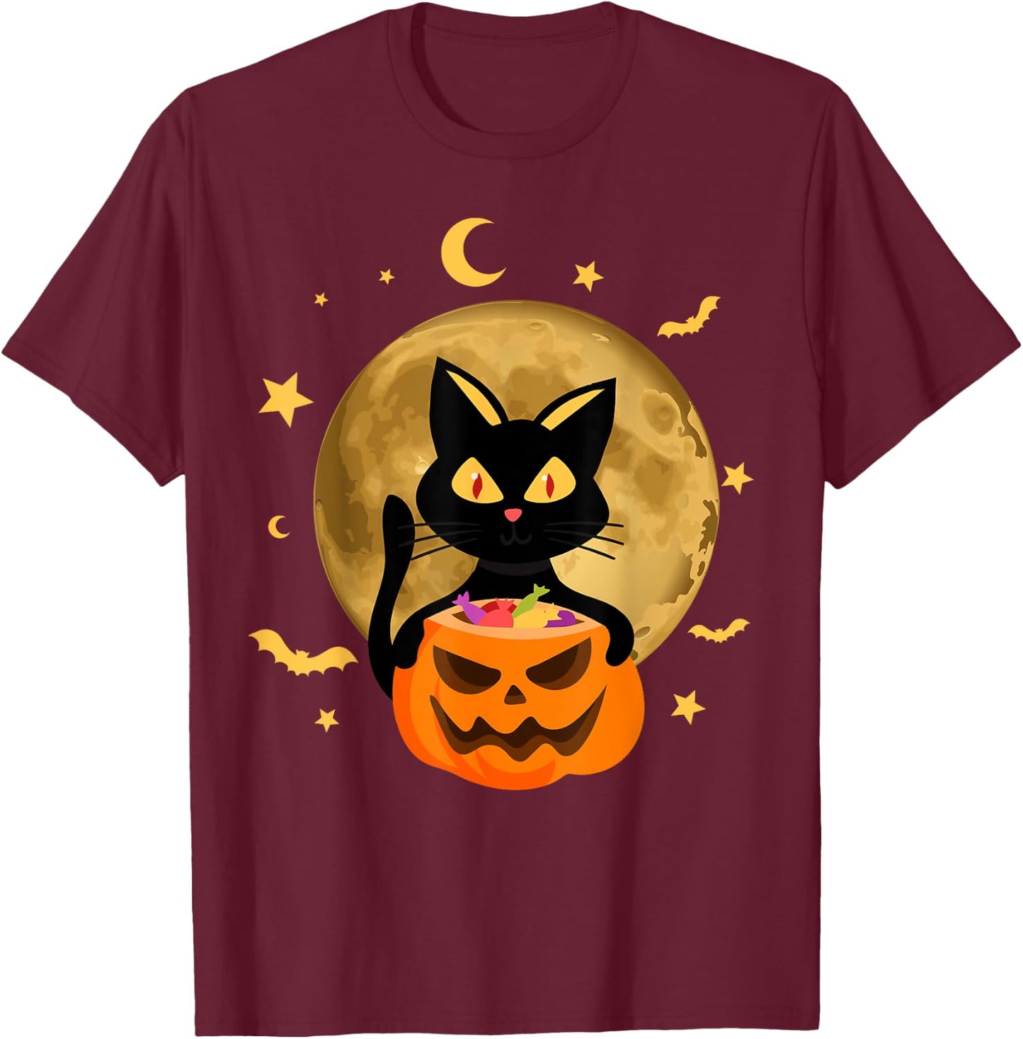 Halloween Black Cat Scary Pumpkin On the Moon Men Women Kids T-Shirt - T-Shirt | Maroon