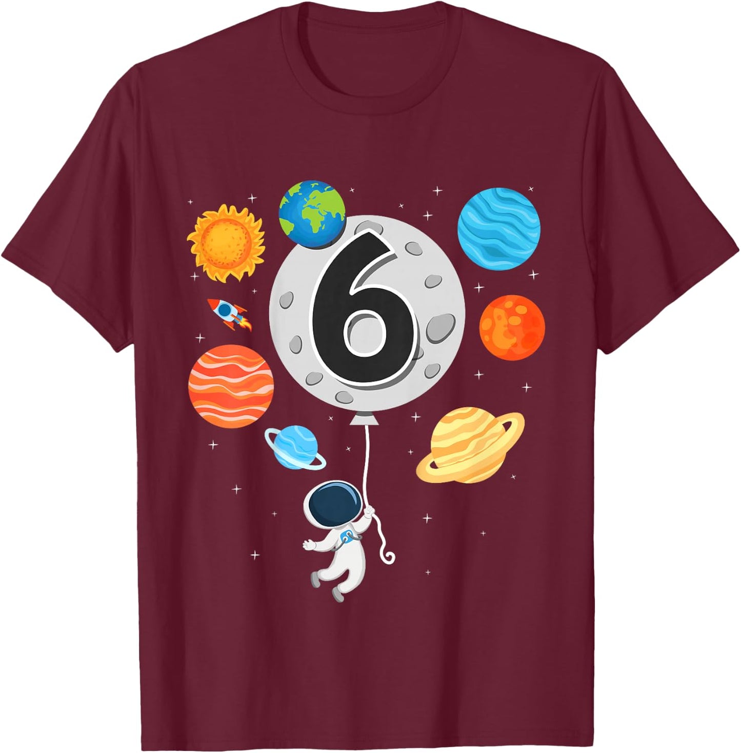 Kids 6th Birthday Astronaut Balloon Planet 6 Year Old Boy T-Shirt - T-Shirt | Maroon
