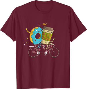 Coffee And Donut Riding Bicycle T-Shirt - T-Shirt | Maroon
