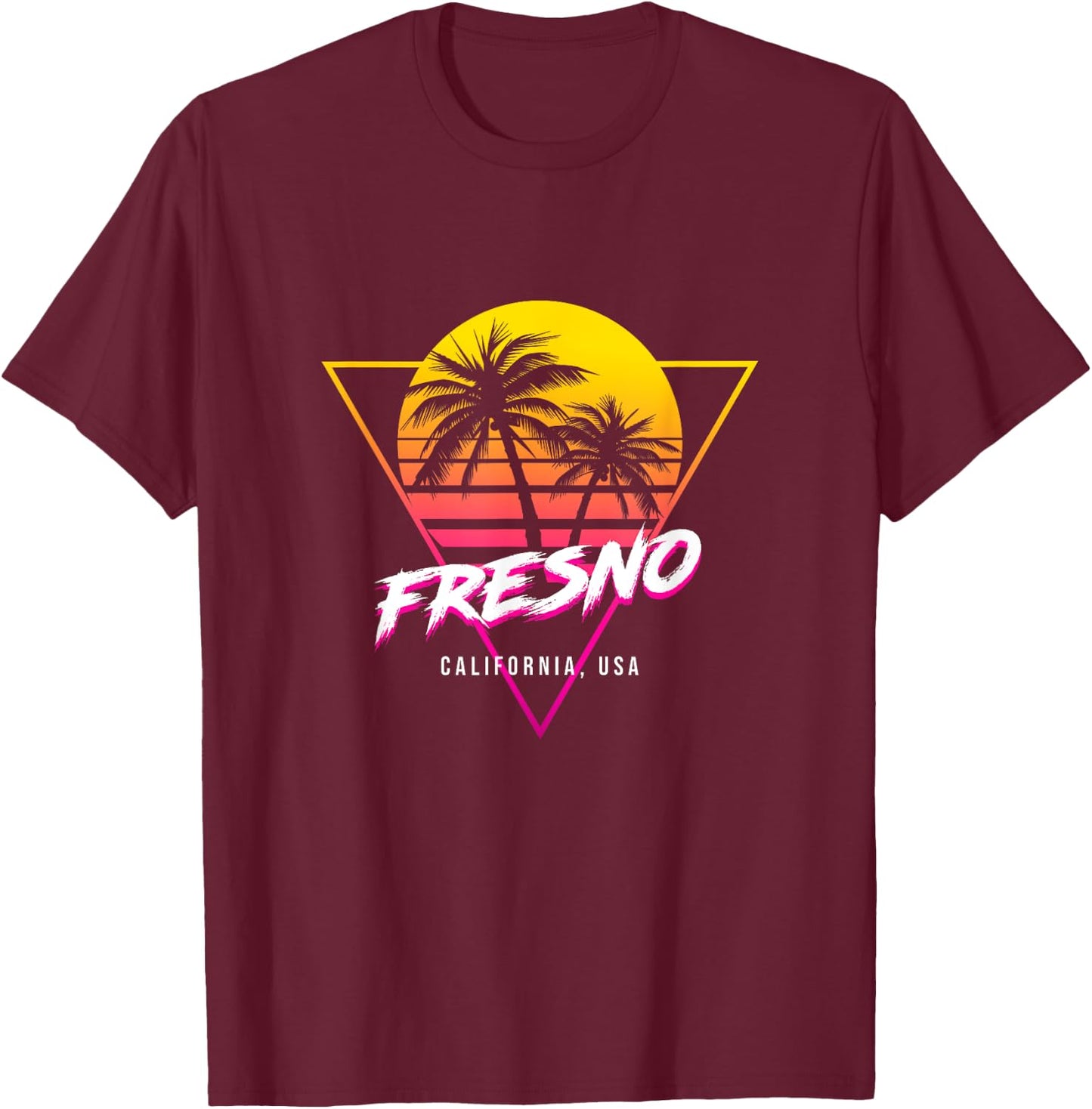 Fresno California Palm Trees USA Surfing Retro Sun T-Shirt - T-Shirt | Maroon
