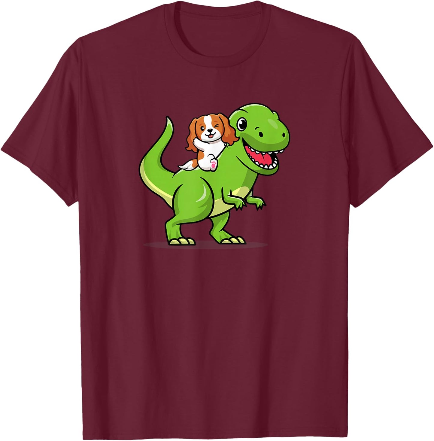 Kawaii Kids Boys Dino Dinosaur Cavalier King Charles Spaniel T-Shirt - T-Shirt | Maroon